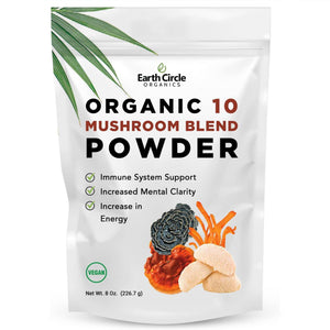Earth Circle Organics 10 Mushroom Blend | Organic Powder, Non GMO | Increased Mental Clarity, Energy and Immune System Support - 8oz