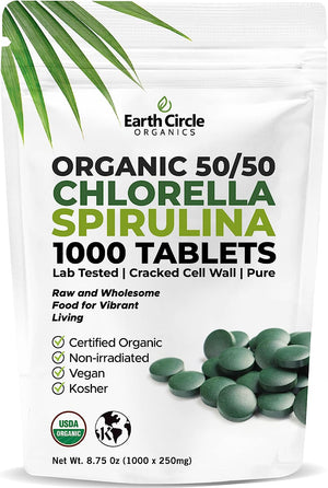 Earth Circle Organics Premium Chlorella/Spirulina Tablets (50/50) 1000 Tablets, Organic, Kosher, Highest Potency - Pure Superfood, Cracked Wall, Chlorophyll, no additives, or fillers.