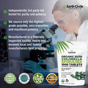 Earth Circle Organics Premium Chlorella/Spirulina Tablets (50/50) 1000 Tablets, Organic, Kosher, Highest Potency - Pure Superfood, Cracked Wall, Chlorophyll, no additives, or fillers.