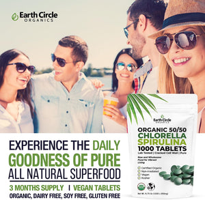 Earth Circle Organics Premium Chlorella/Spirulina Tablets (50/50) 1000 Tablets, Organic, Kosher, Highest Potency - Pure Superfood, Cracked Wall, Chlorophyll, no additives, or fillers.