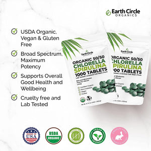 Earth Circle Organics Premium Chlorella/Spirulina Tablets (50/50) 1000 Tablets, Organic, Kosher, Highest Potency - Pure Superfood, Cracked Wall, Chlorophyll, no additives, or fillers.